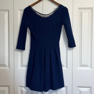 Mi Ami S Fit Flare Dress Womens‎ Navy Blue Rhinestone Neck 3/4 Sleeve JD3413